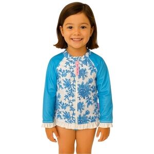Sun Emporium Girl’s Long Sleeve Blue White Rashguard Swim Top Size 4